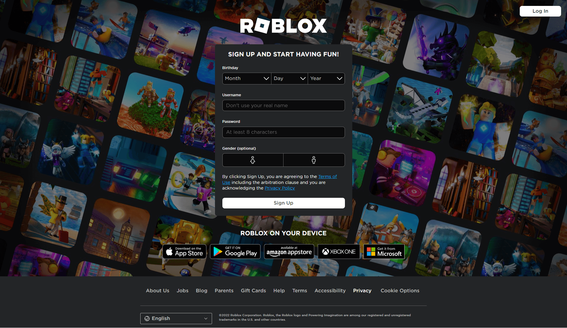 Форма для регистрации в Roblox