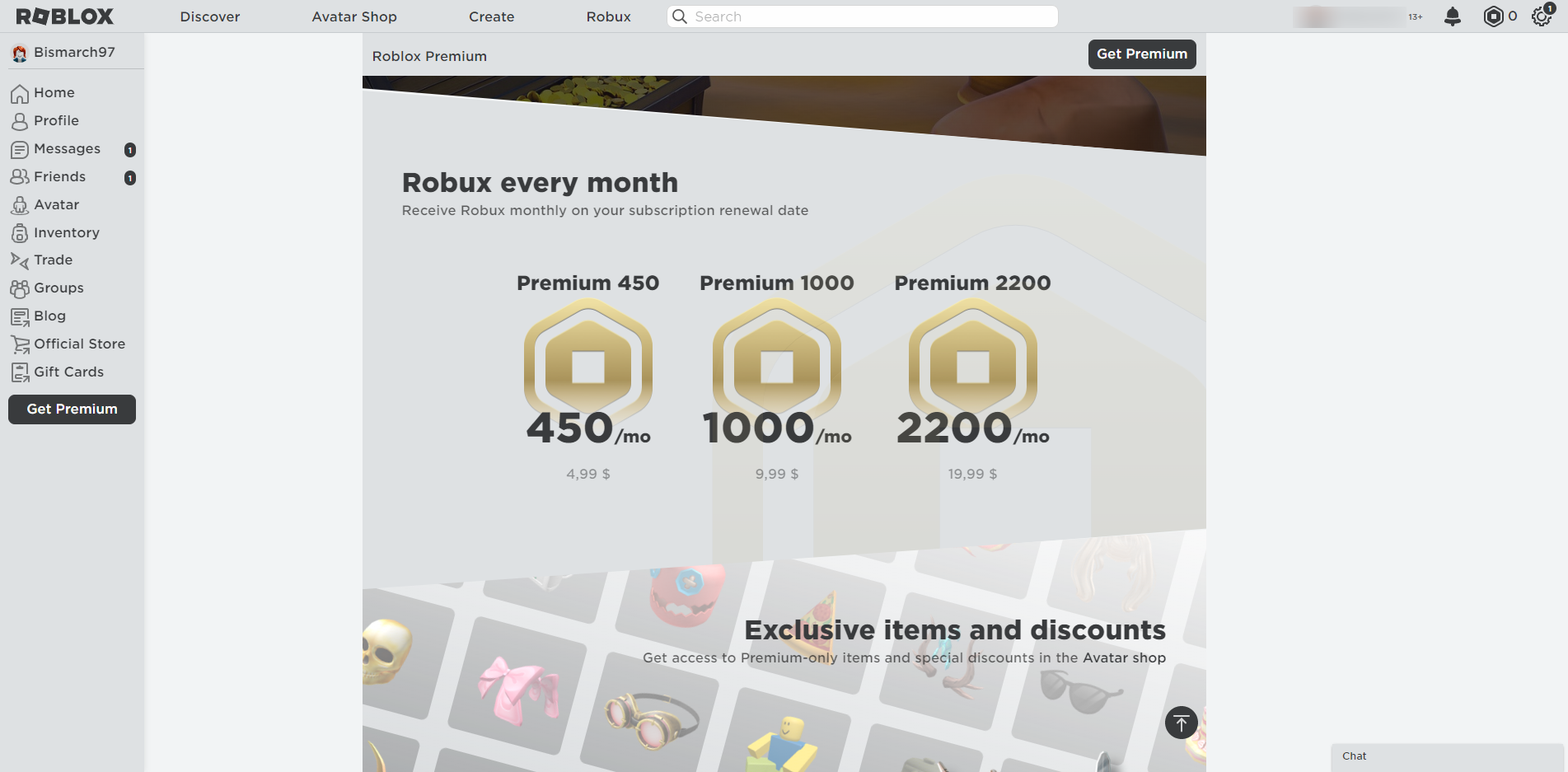 Тарифы на подписку Roblox Premium